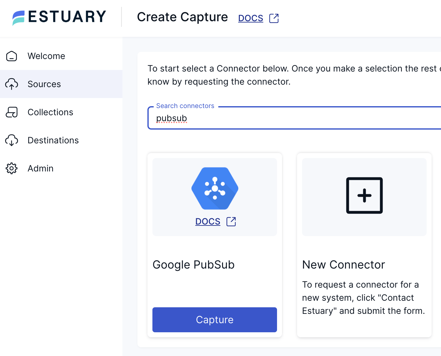 BigQuery Continuous Query - New Capture Page - Google PubSub Connector Search