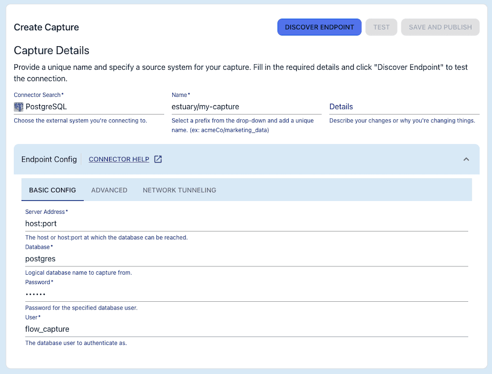 screenshot of the Flow web app with a Postgres capture configured