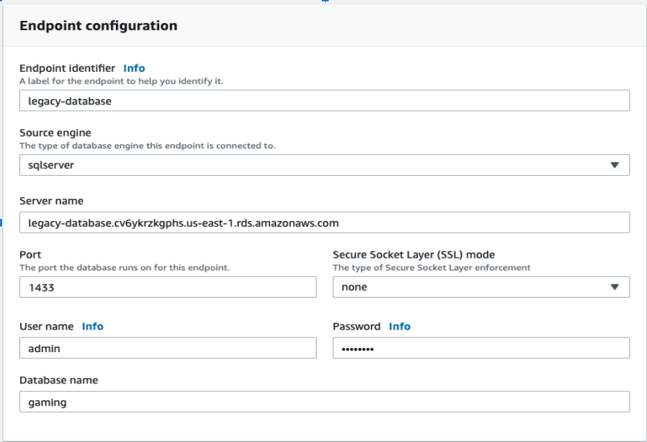 SQL Server to DynamoDB - AWS DMS endpoint configuration page