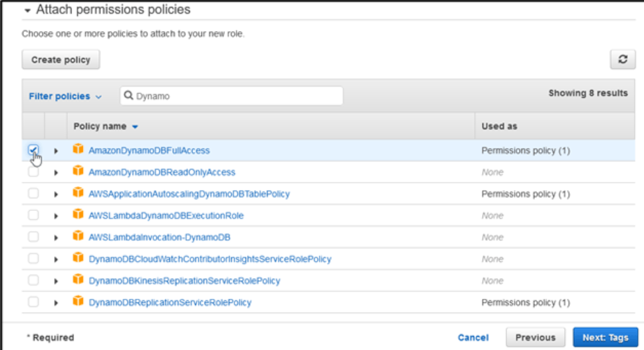 mongodb to dynamodb - Attach Policy