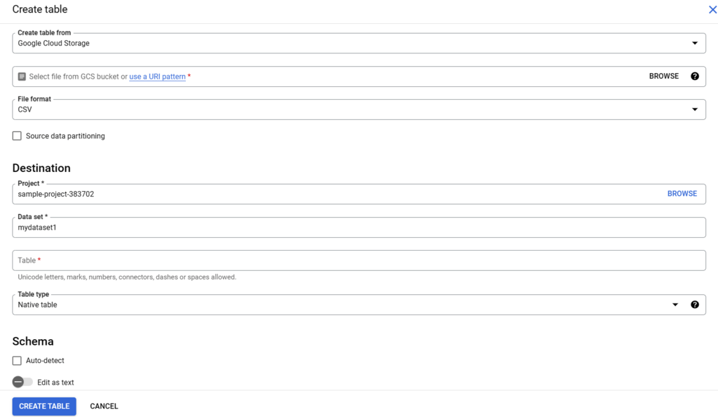 Bigquery create table page