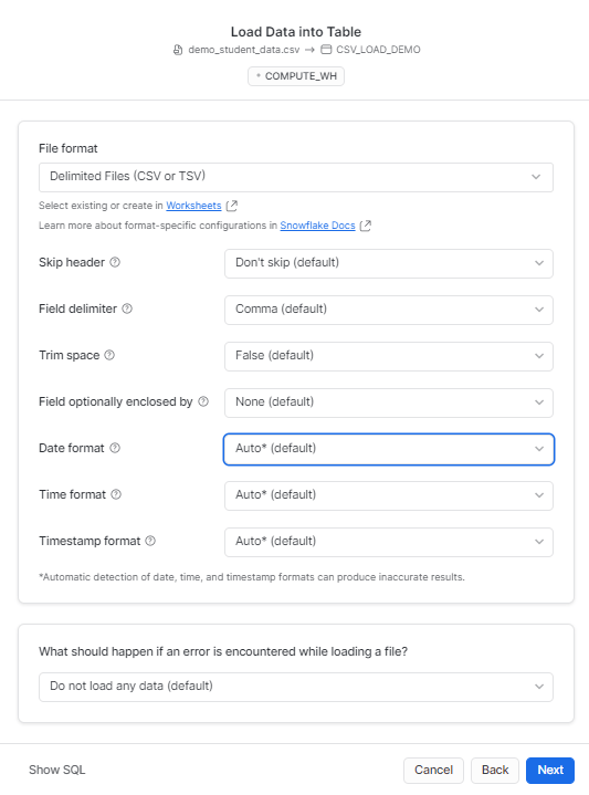 CSV to Snowflake - choosing the file format