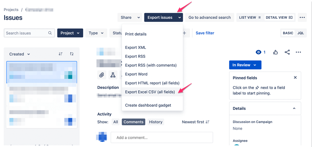 Jira Export Issues