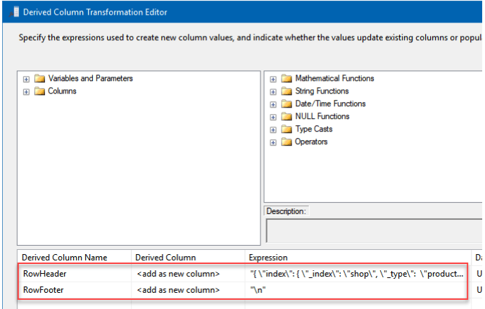 SQL Server to elasticsearch - derived column transform editor page