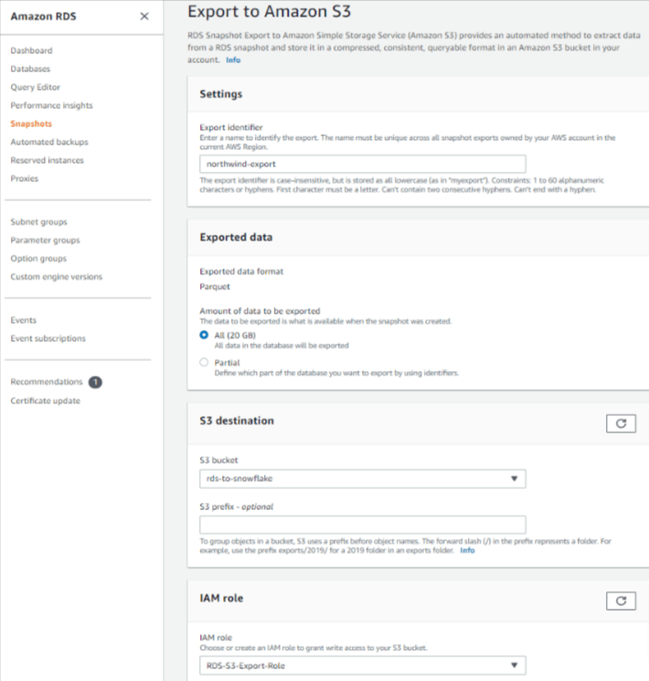 Amazon RDS to Snowflake - Export to Amazon S3