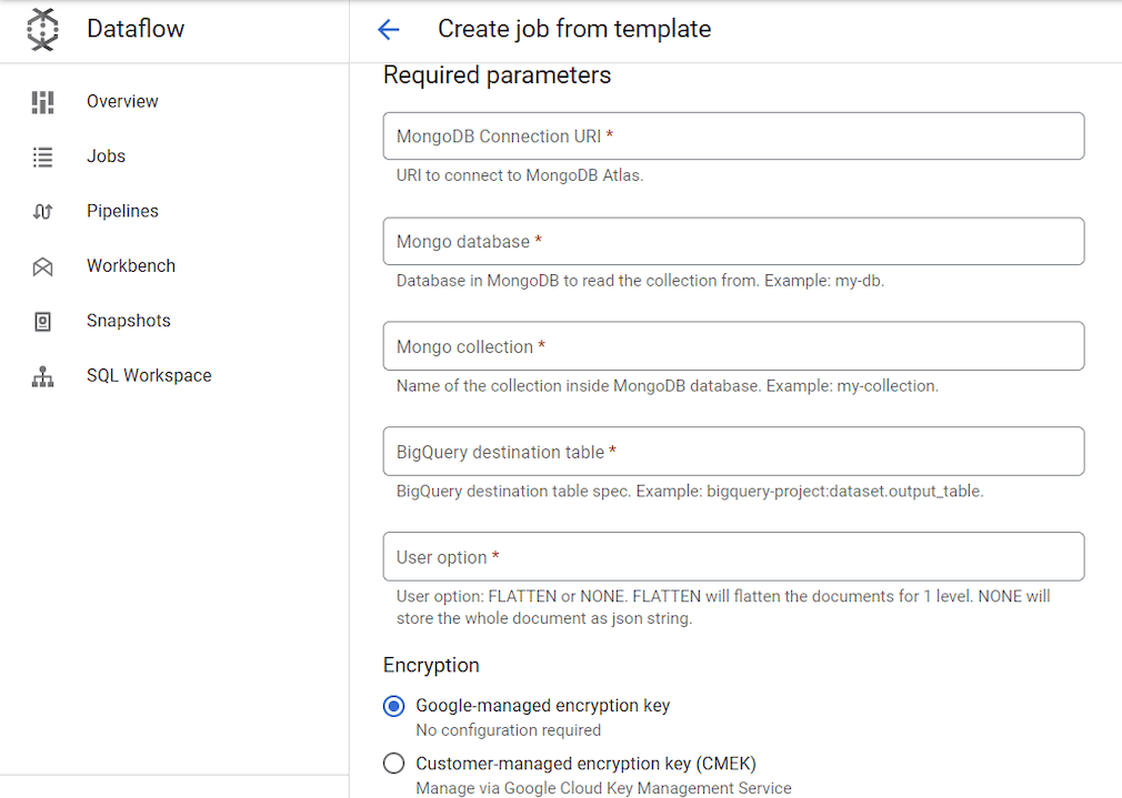 MongoDB to BigQuery - Create job from template - Add Parameters