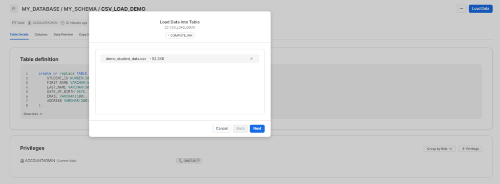 aircall to snowflake - uploading csv file by drag and drop